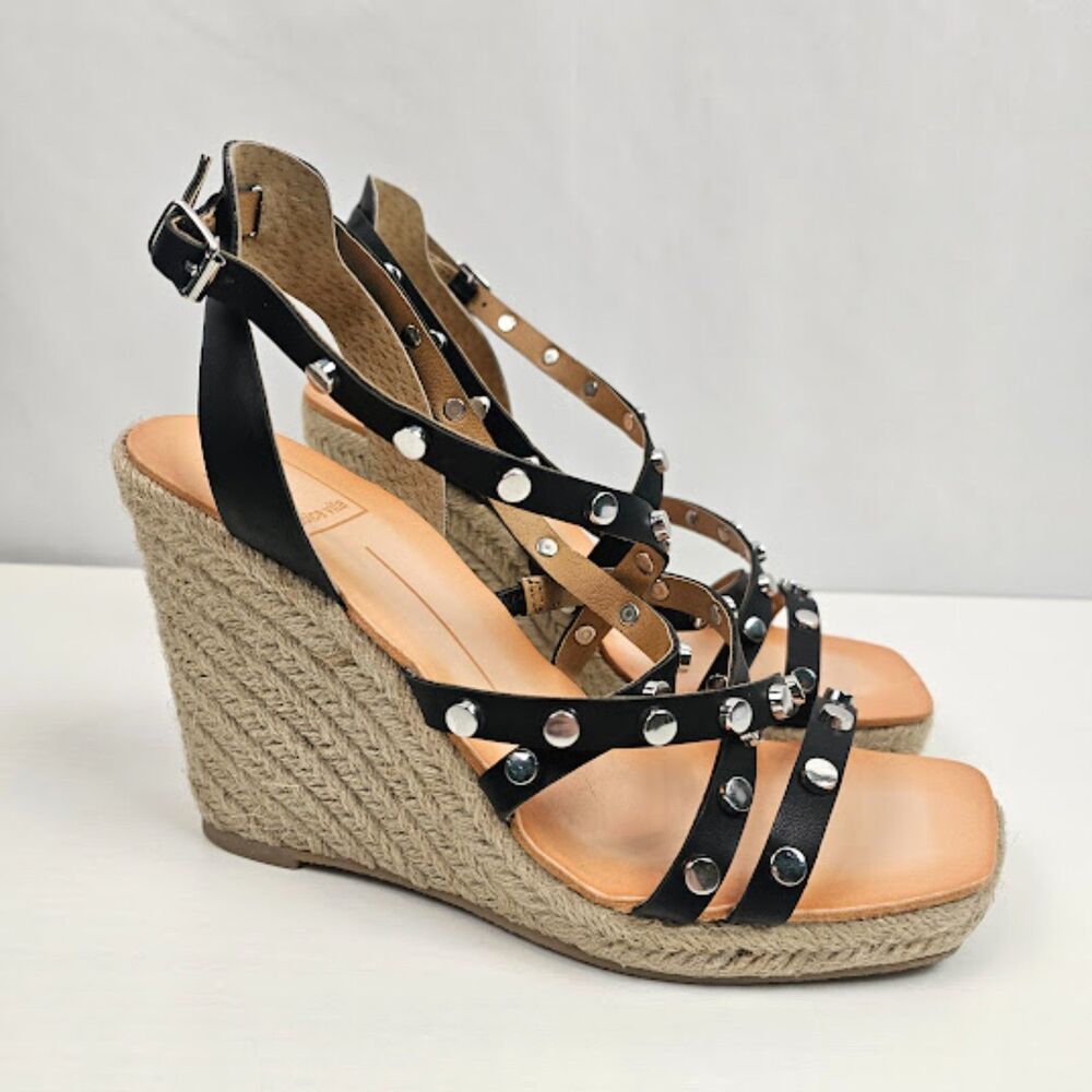 Dolce Vita Women's Black Maxton Studded Espadrille Wedge Sandals Size 6.5 NWOT